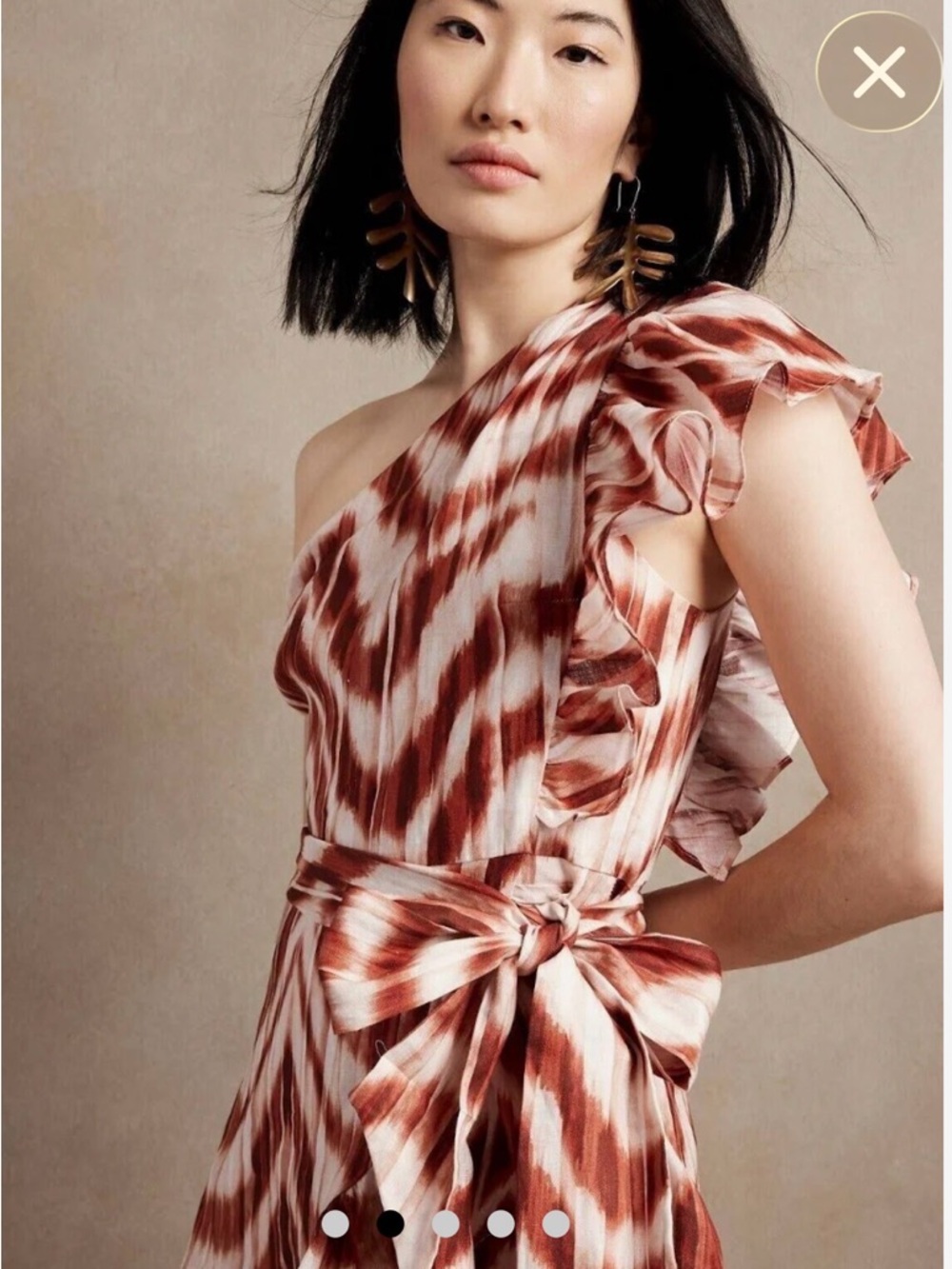Banana Republic One-Shoulder Rust & White Ruffle Mini Dress/ Linen blend/ size 0 - Picture 2 of 4